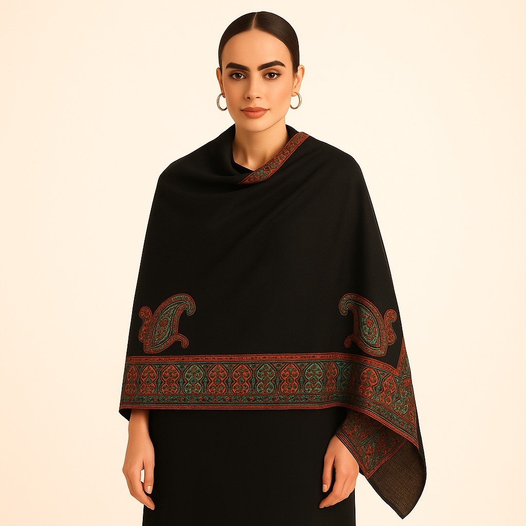Classic Black Kani Shawl with Paisley Motifs and Ornate Border