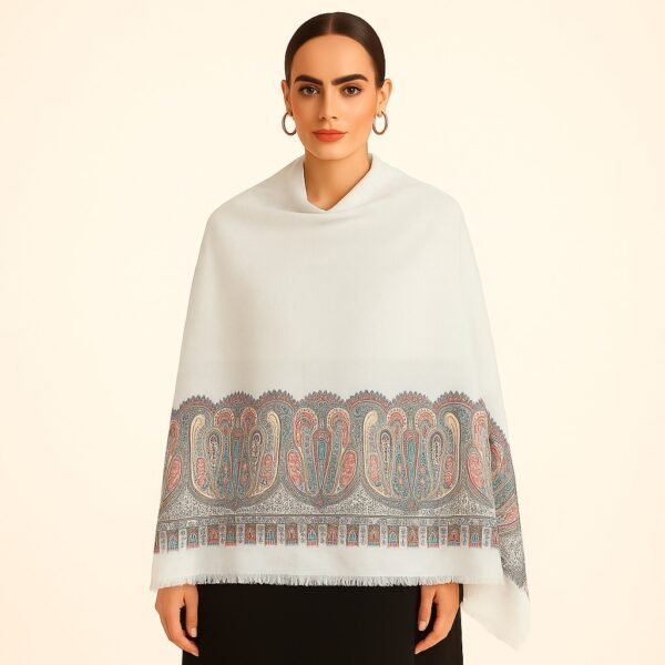 Graceful White Kani Stole with Soft Multicolor Paisley Border - Image 2