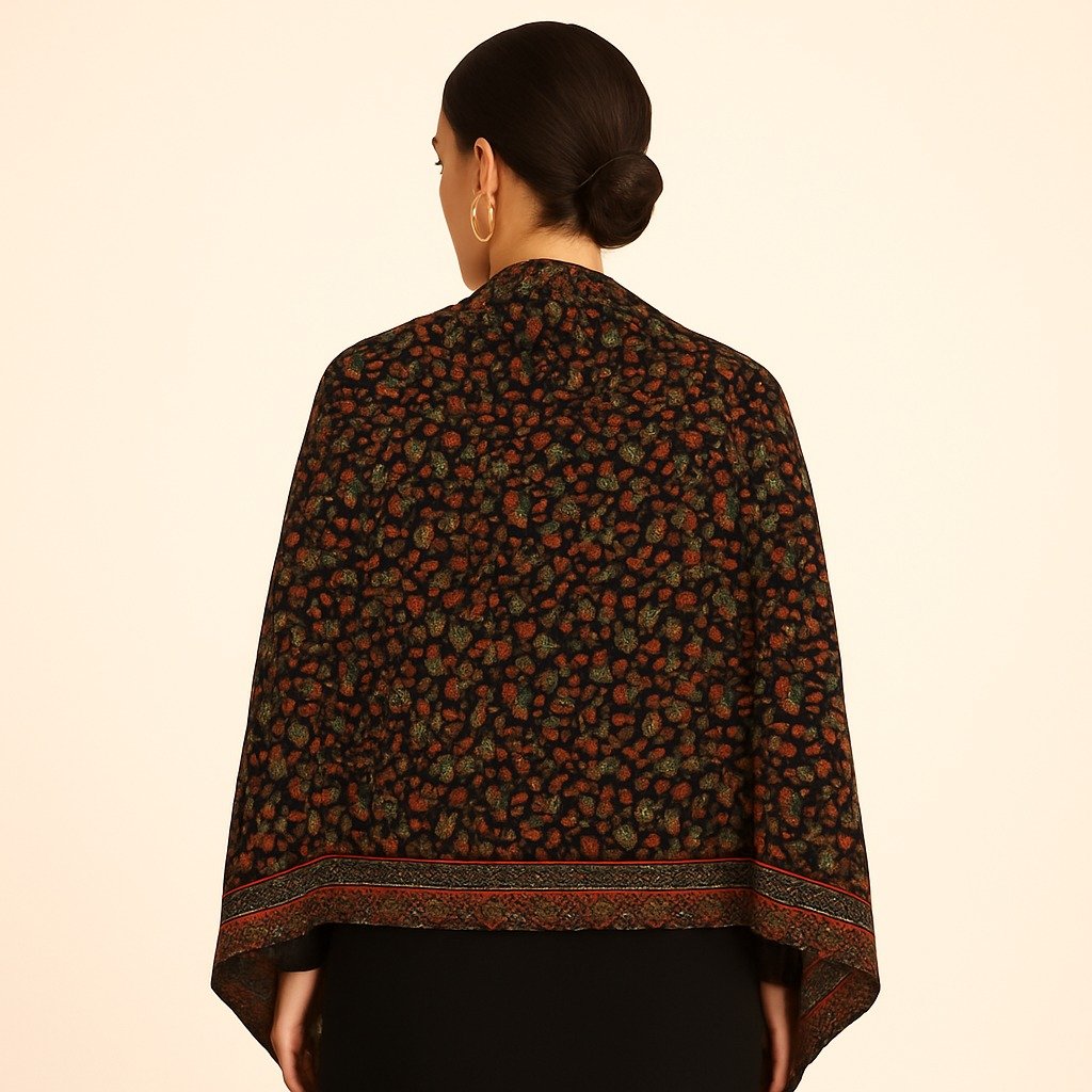 Elegant Black Kani Stole with All-Over Multicolor Floral Weave - Image 2