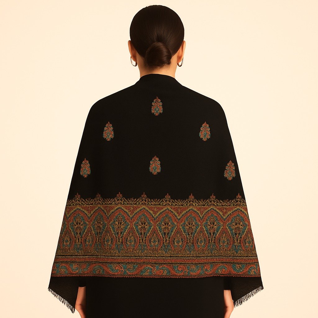 Classic Black Kani Stole with Buti Motifs and Heavy Palla Border - Image 2