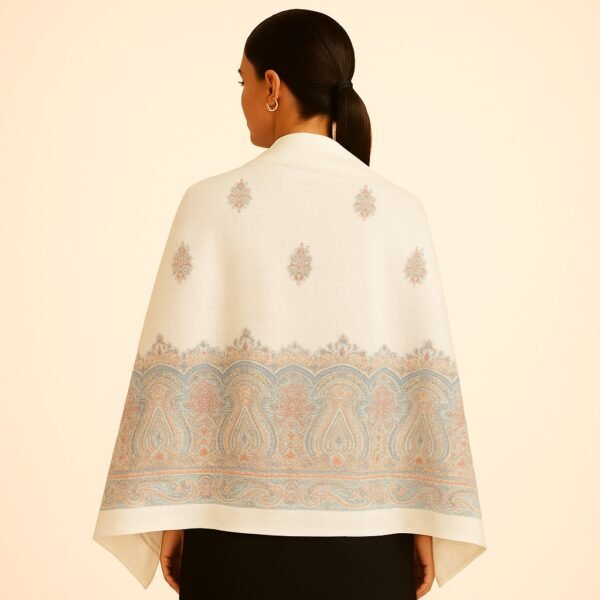 Ivory White Kani Stole with Pastel Buti Motifs & Intricate Border - Image 2