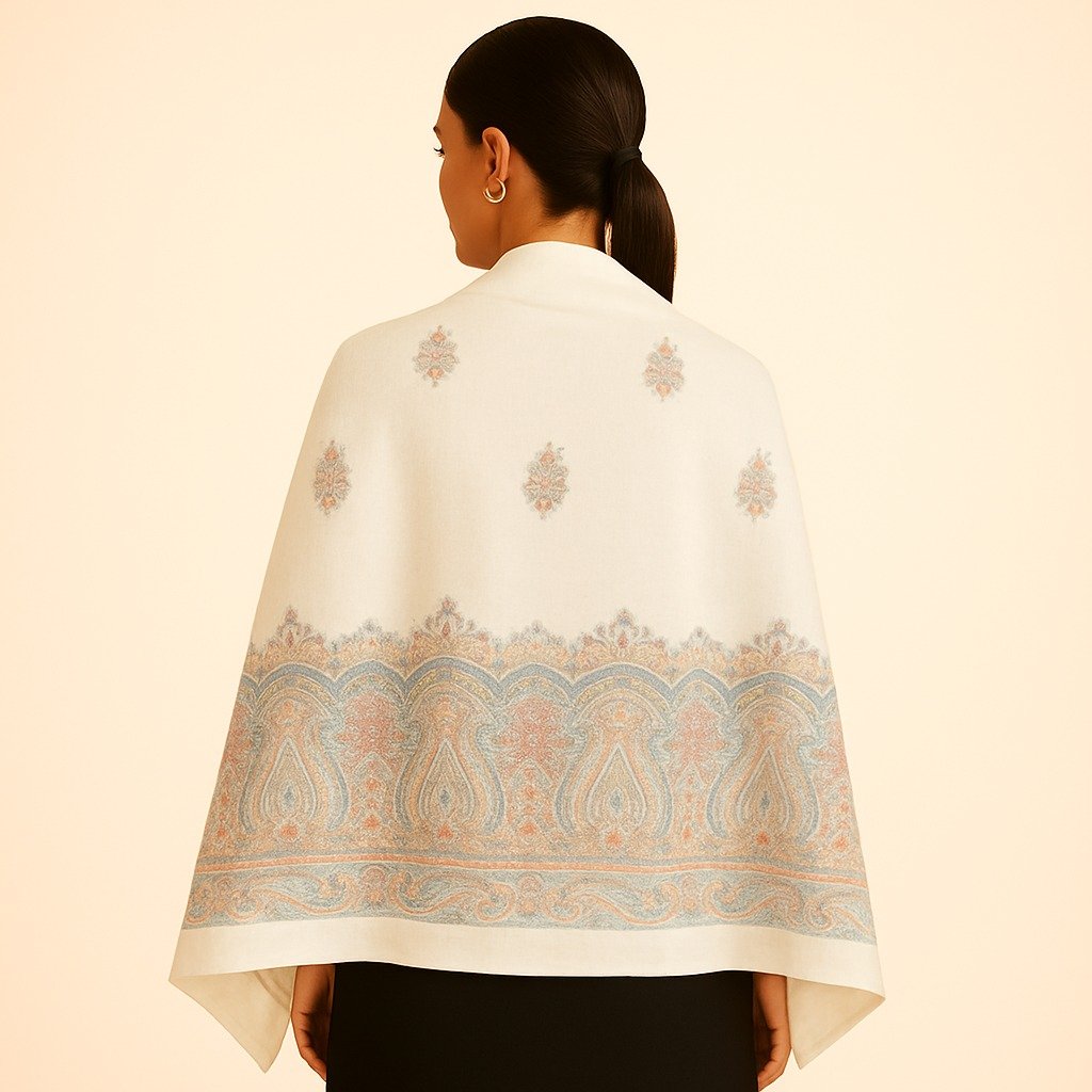 Ivory White Kani Stole with Pastel Buti Motifs & Intricate Border - Image 2