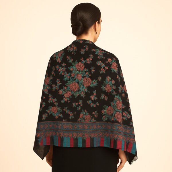 Elegant Floral Black Kani Shawl with Multicolor Border - Image 2
