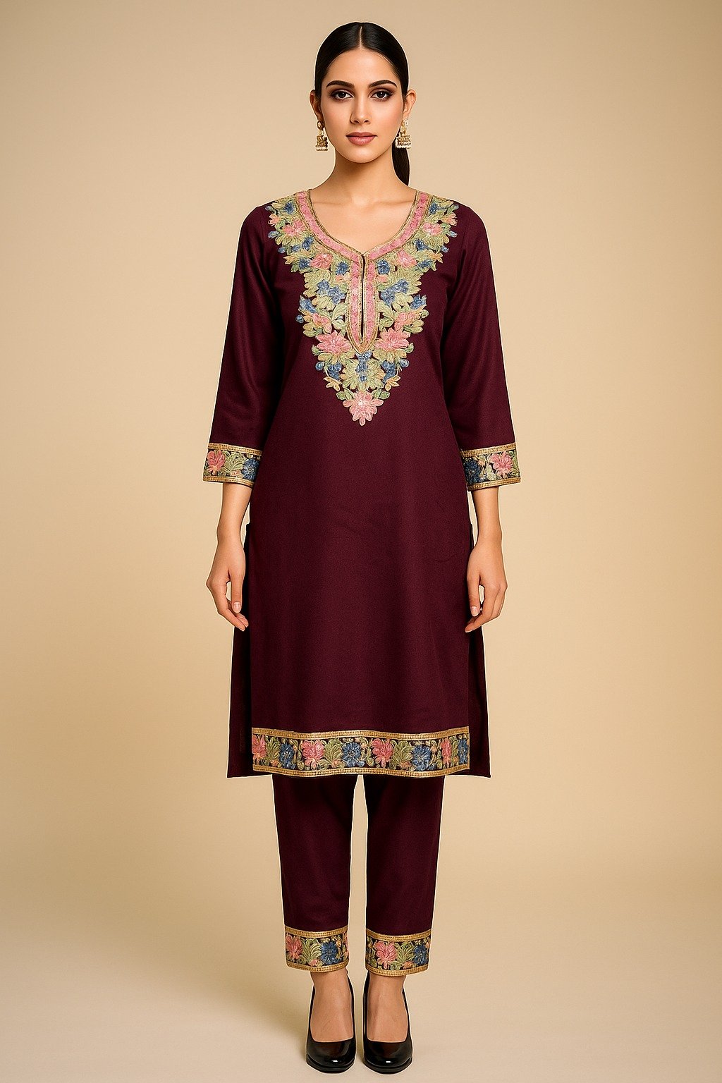 Emerald Coat Set with Multicolor Floral Embroidery