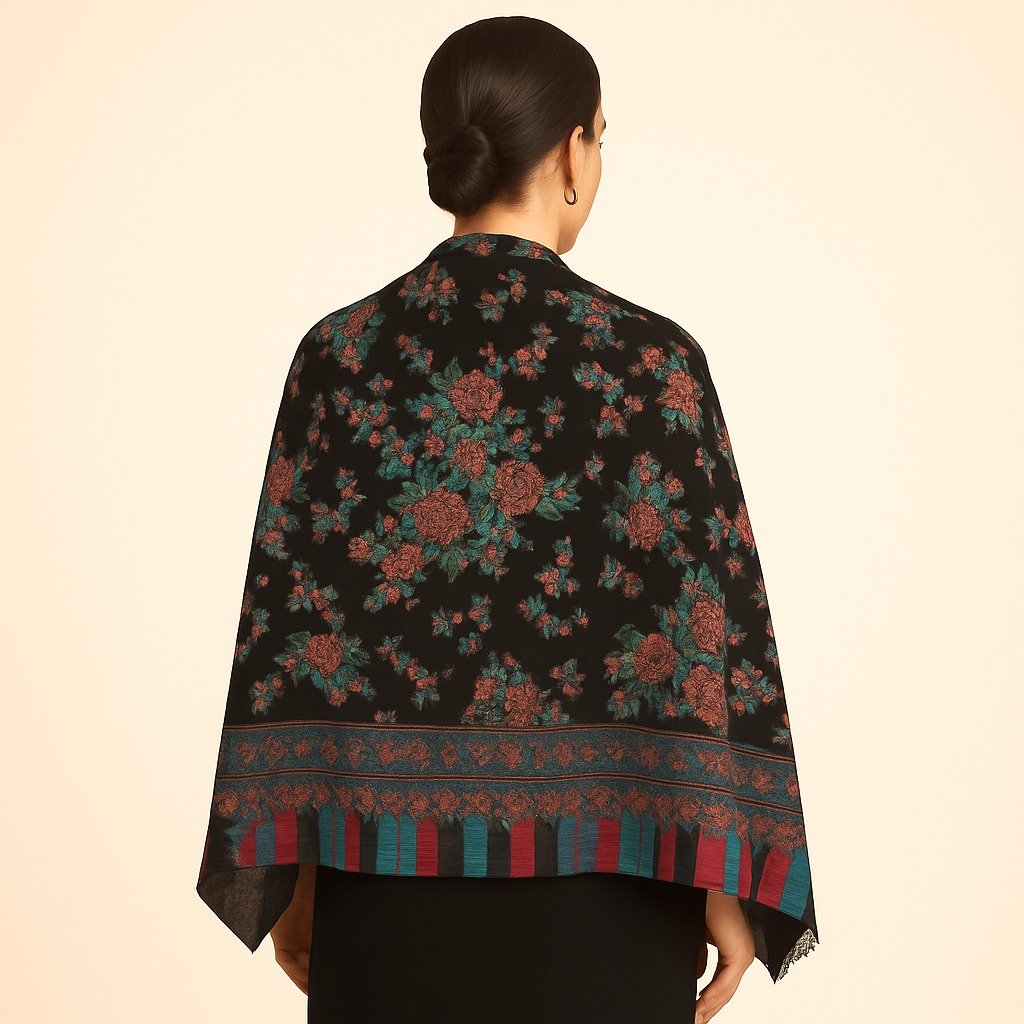 Elegant Floral Black Kani Shawl with Multicolor Border - Image 2