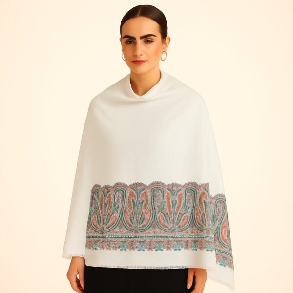 Graceful White Kani Stole with Soft Multicolor Paisley Border - Image 3