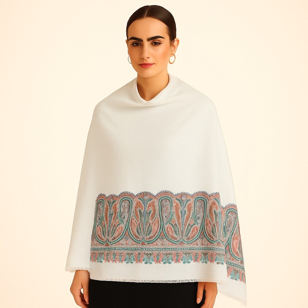 Graceful White Kani Stole with Soft Multicolor Paisley Border - Image 3
