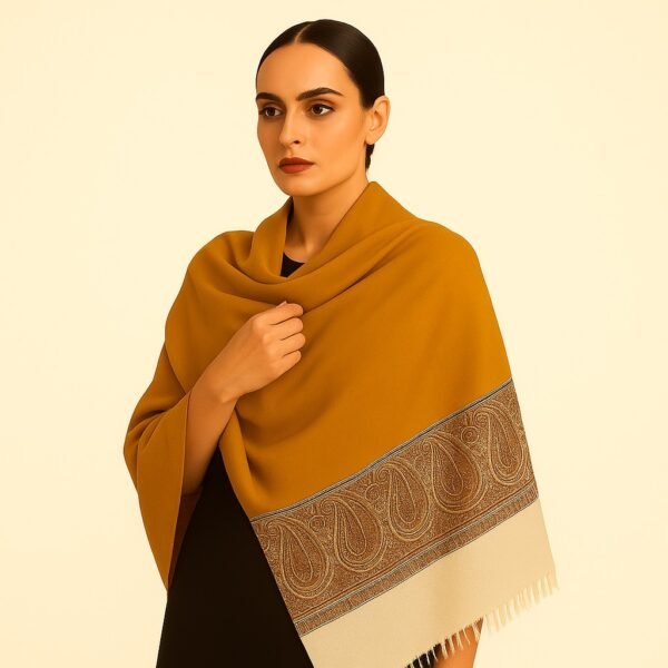 Warm Mustard Kani Stole with Paisley Border Detailing