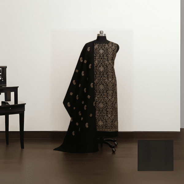 Fine Kashmiri Embroidered Suit with Stole – Black & Gold Elegance