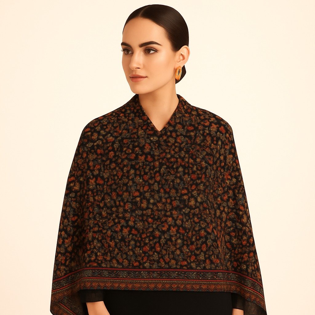 Elegant Black Kani Stole with All-Over Multicolor Floral Weave - Image 3