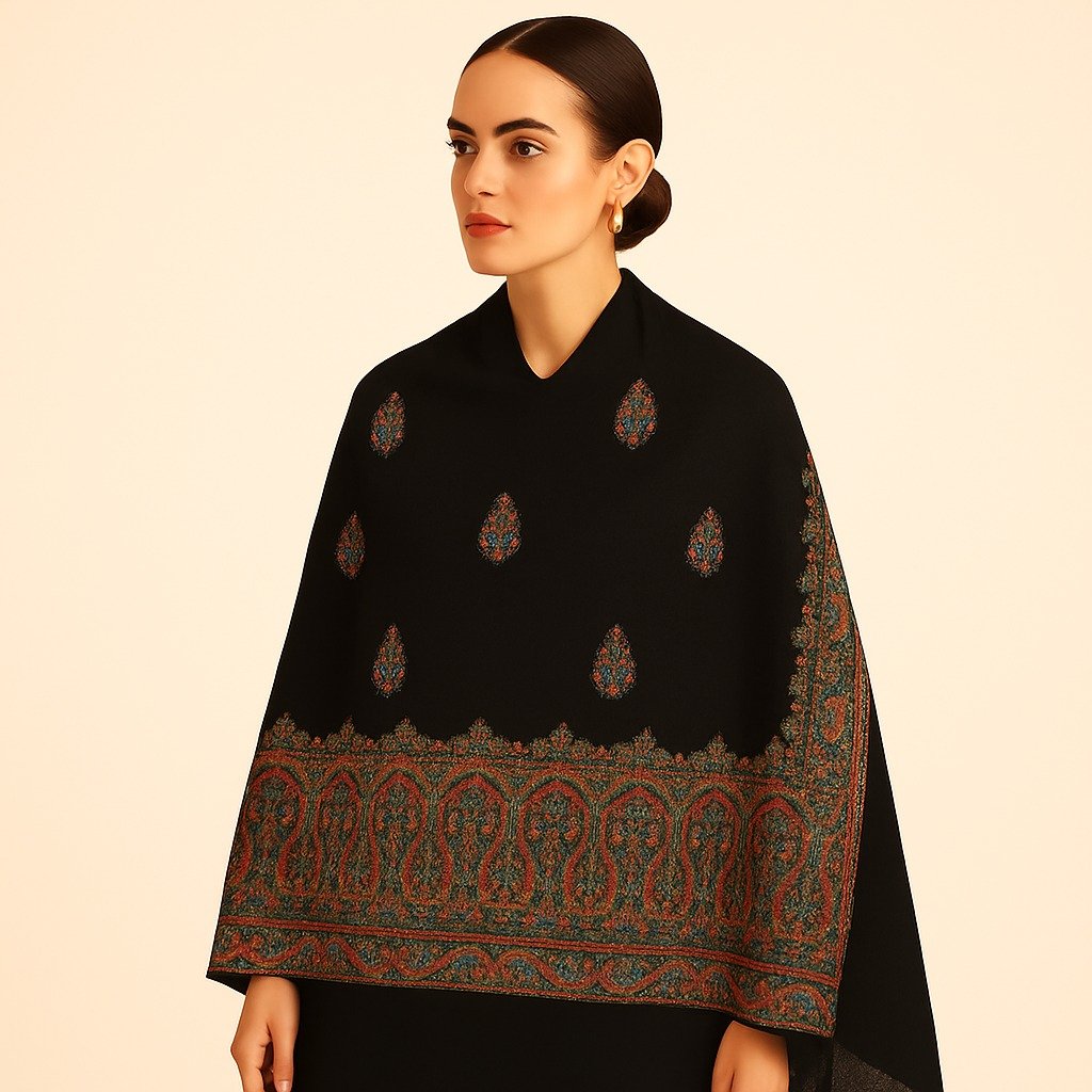Classic Black Kani Stole with Buti Motifs and Heavy Palla Border - Image 3