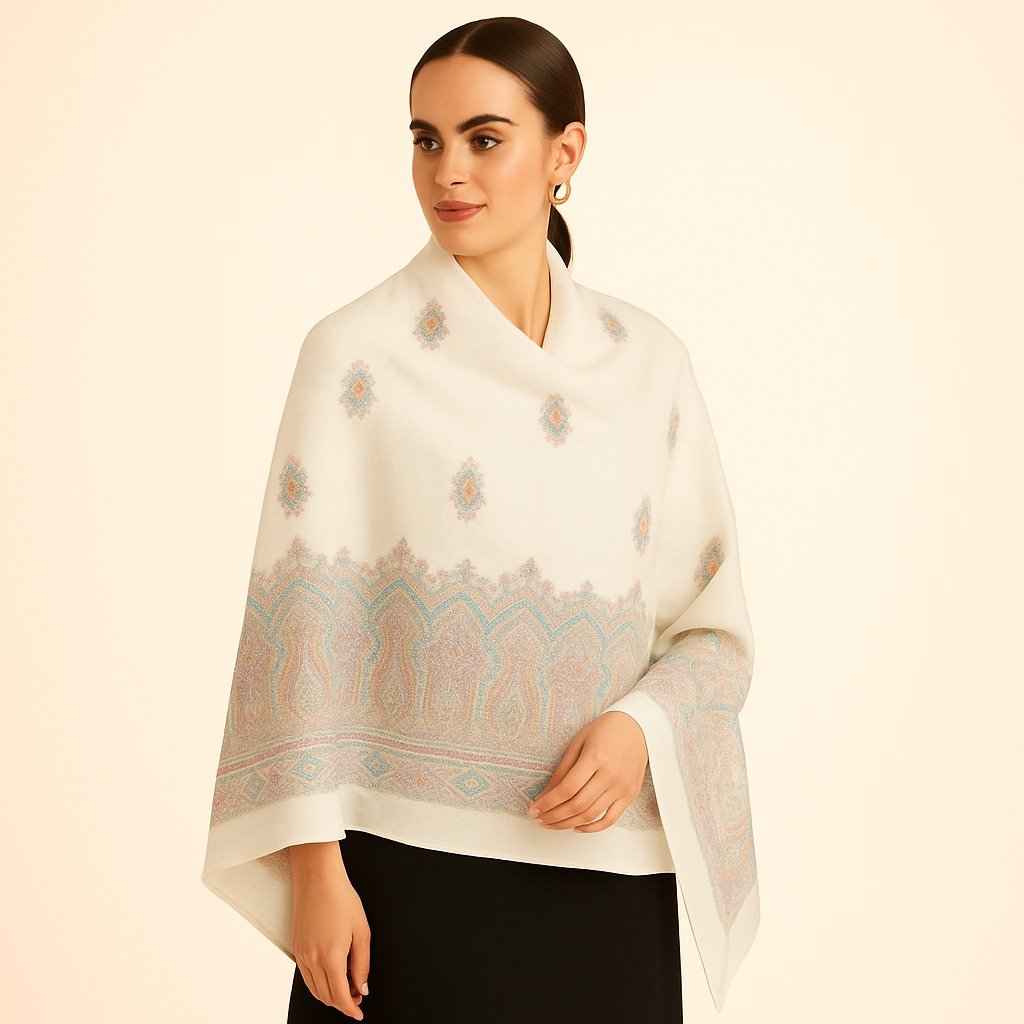 Ivory White Kani Stole with Pastel Buti Motifs & Intricate Border
