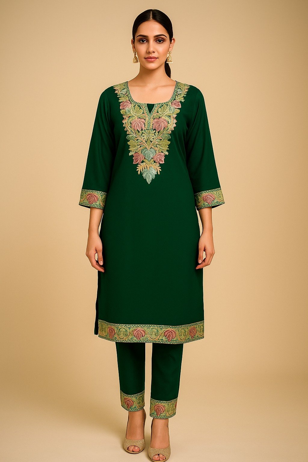 Emerald Green Coat Set with Multicolor Floral Embroidery