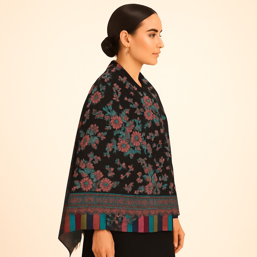 Elegant Floral Black Kani Shawl with Multicolor Border - Image 3