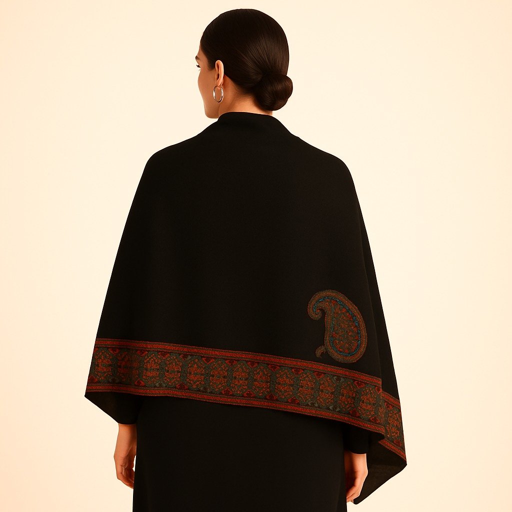 Classic Black Kani Shawl with Paisley Motifs and Ornate Border - Image 3