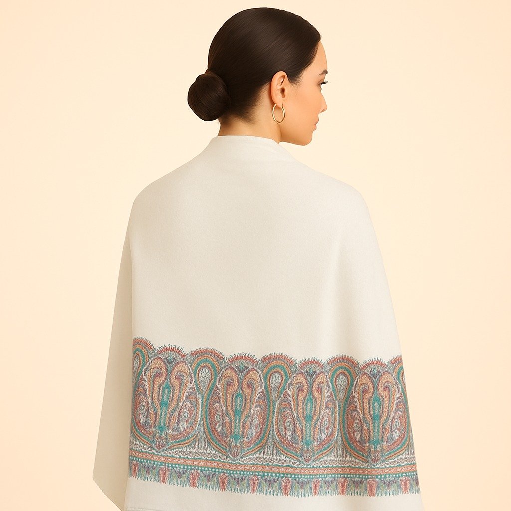 Graceful White Kani Stole with Soft Multicolor Paisley Border - Image 4