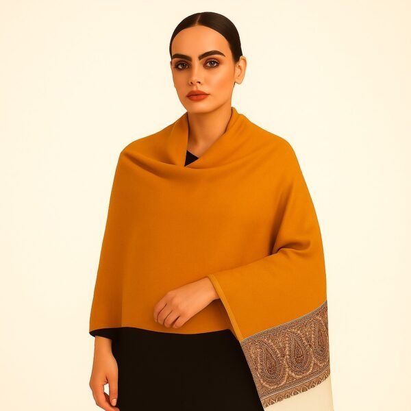 Warm Mustard Kani Stole with Paisley Border Detailing - Image 4