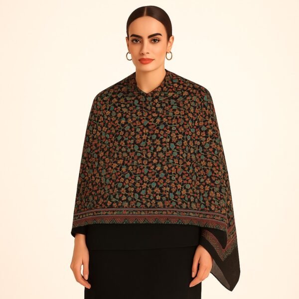 Elegant Black Kani Stole with All-Over Multicolor Floral Weave