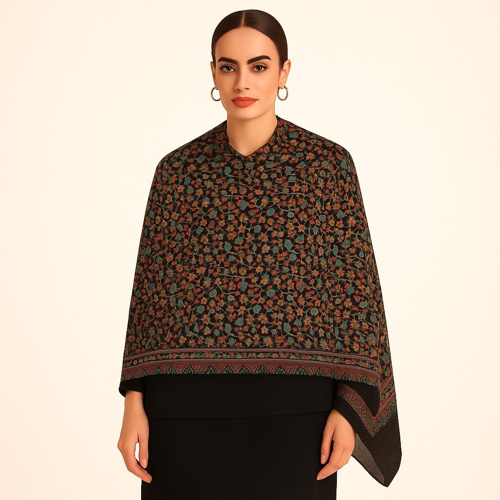 Elegant Black Kani Stole with All-Over Multicolor Floral Weave
