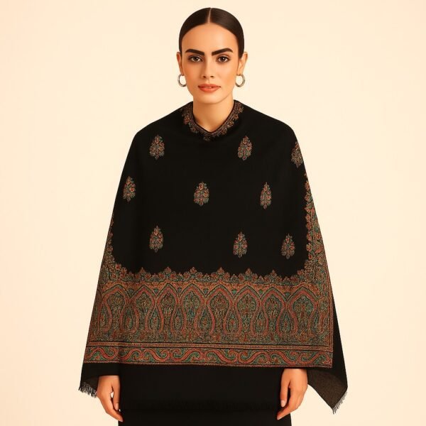 Classic Black Kani Stole with Buti Motifs and Heavy Palla Border