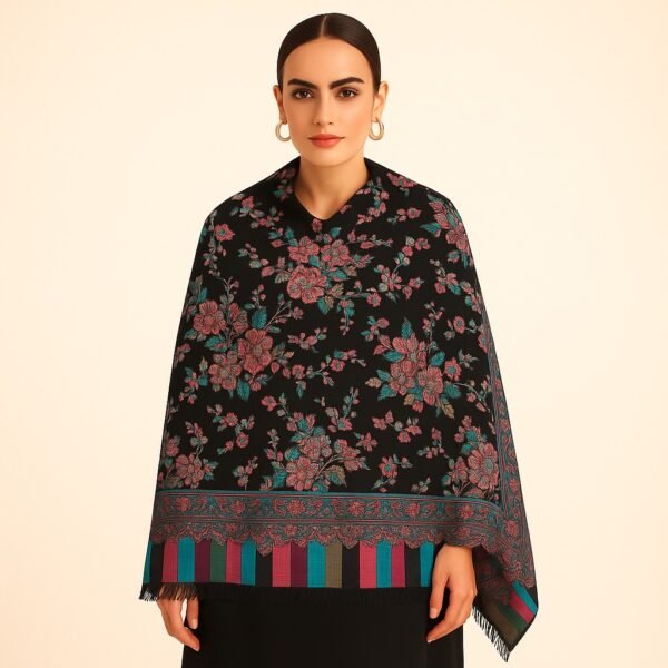 Elegant Floral Black Kani Shawl with Multicolor Border