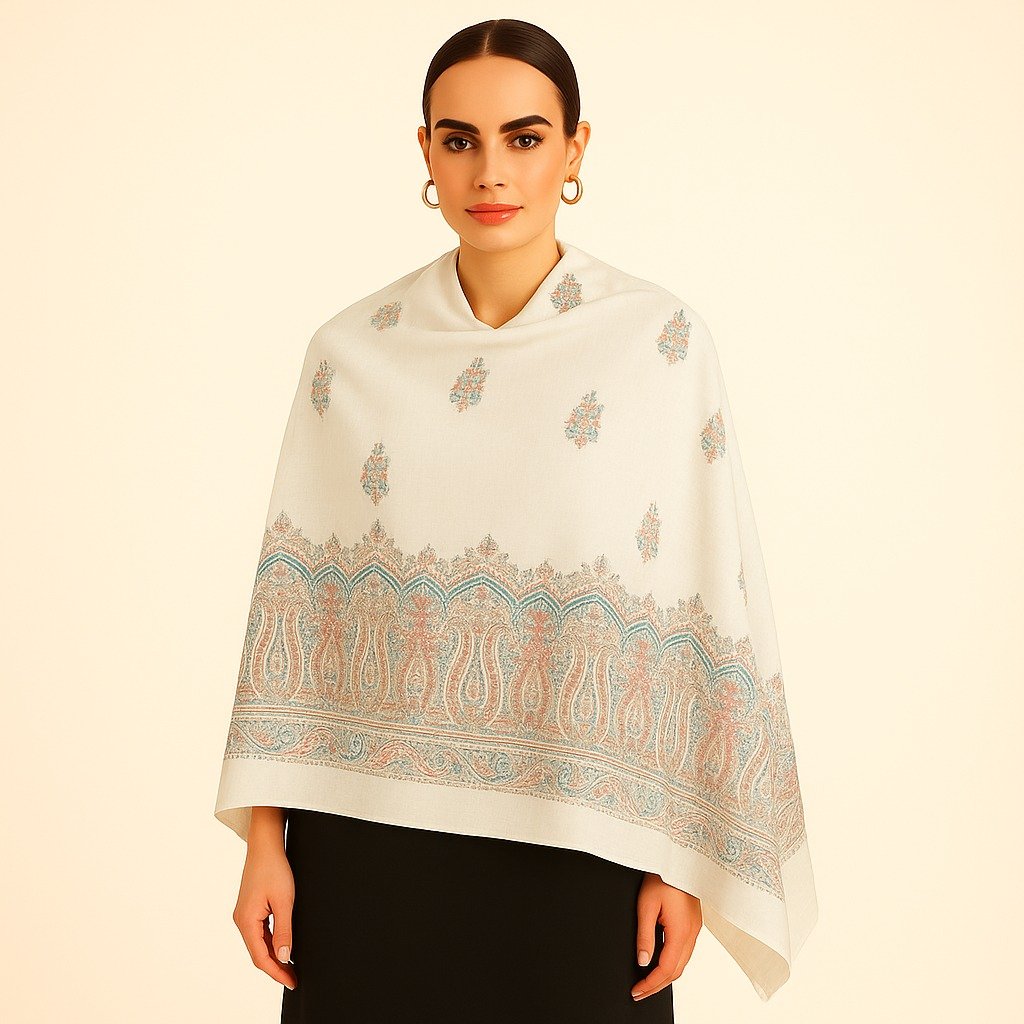 Graceful White Kani Stole with Soft Multicolor Paisley Border