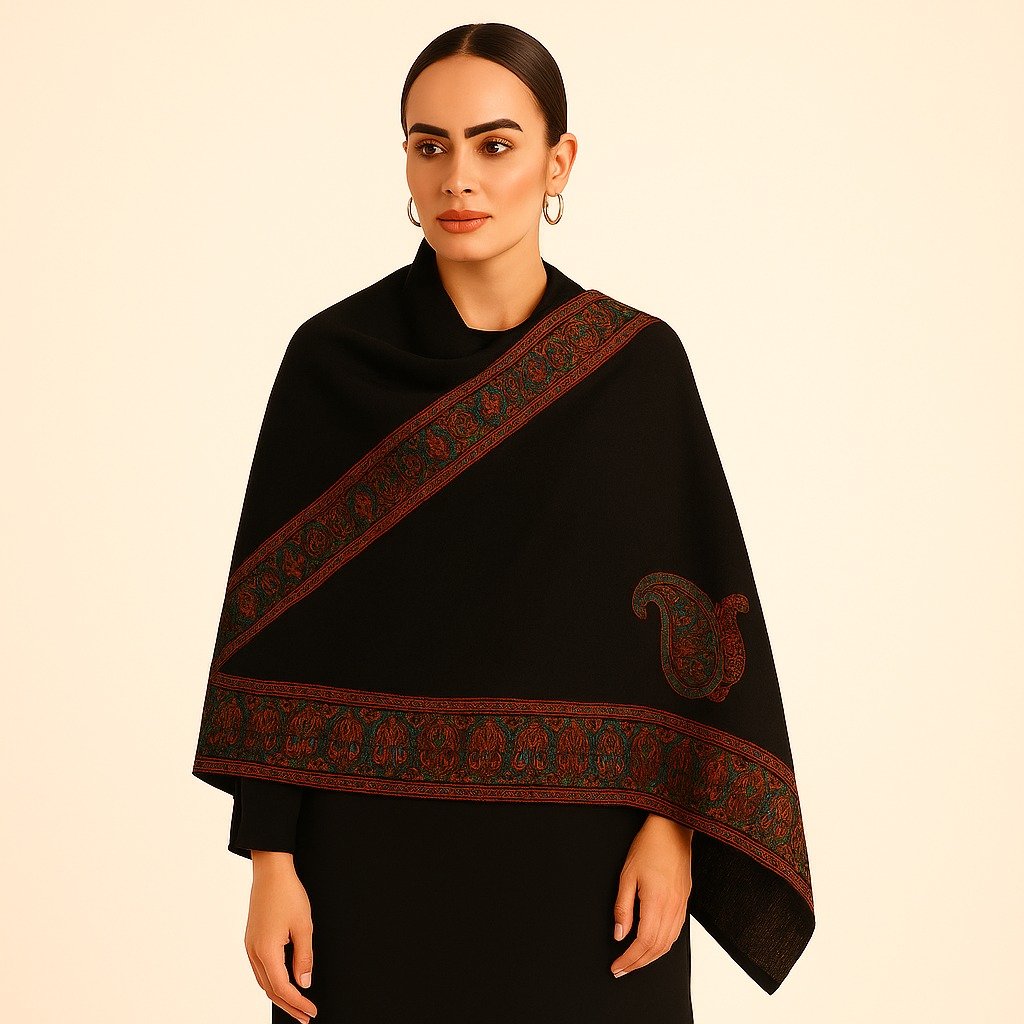 Classic Black Kani Shawl with Paisley Motifs and Ornate Border - Image 5