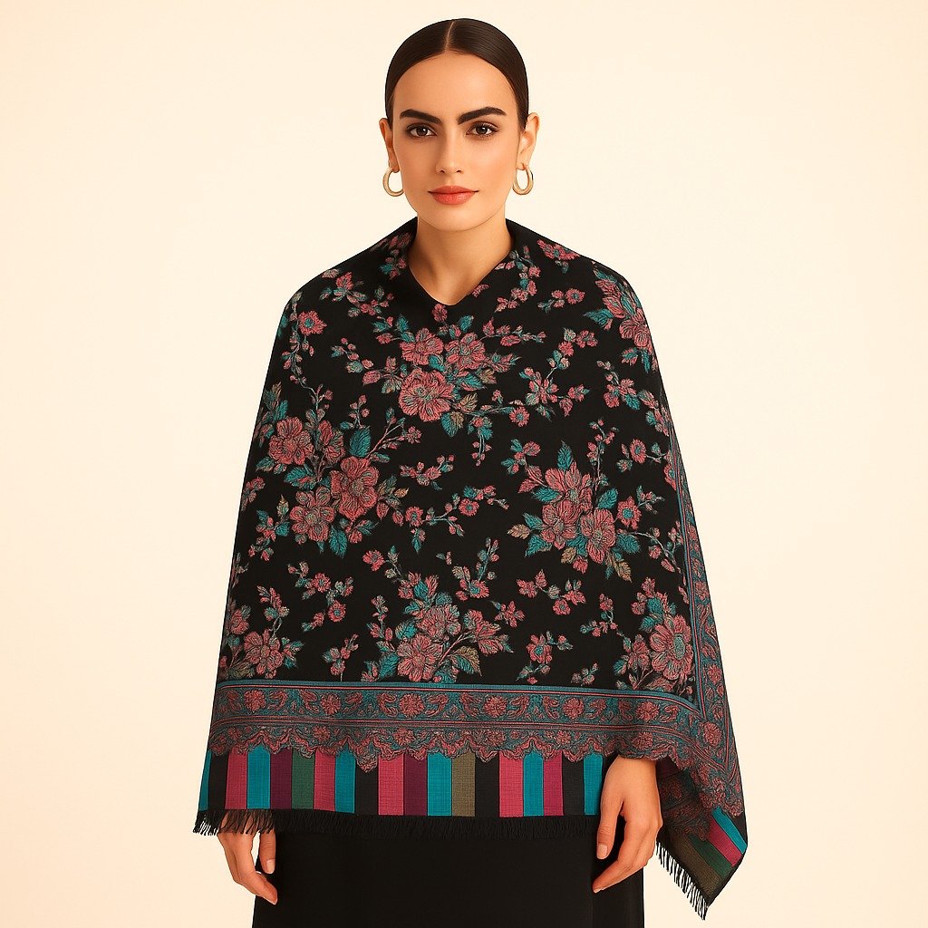 Elegant Floral Black Kani Shawl with Multicolor Border