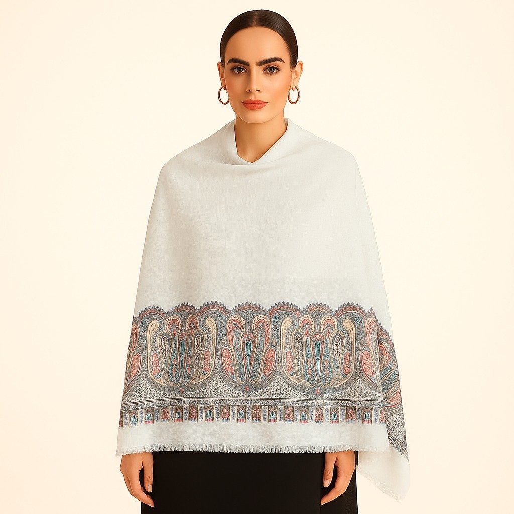 Graceful White Kani Stole with Soft Multicolor Paisley Border - Image 5