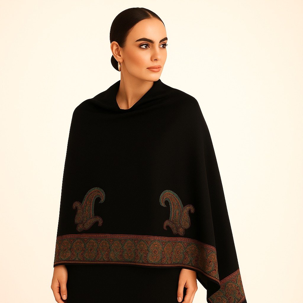 Black Kani Stole with Twin Paisley Motifs & Intricate Border - Image 2