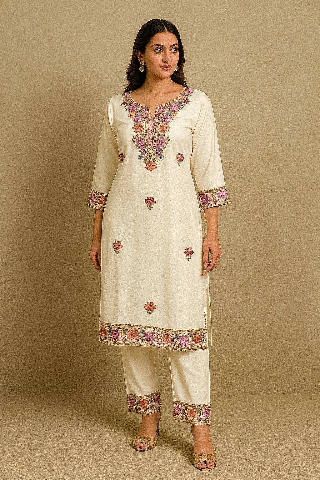 Graceful White Floral Coat Set – Elegant Embroidery Ensemble