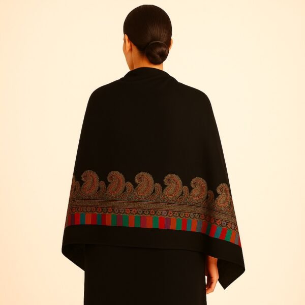 Elegant Black Kani Shawl with Multicolor Paisley Border - Image 2