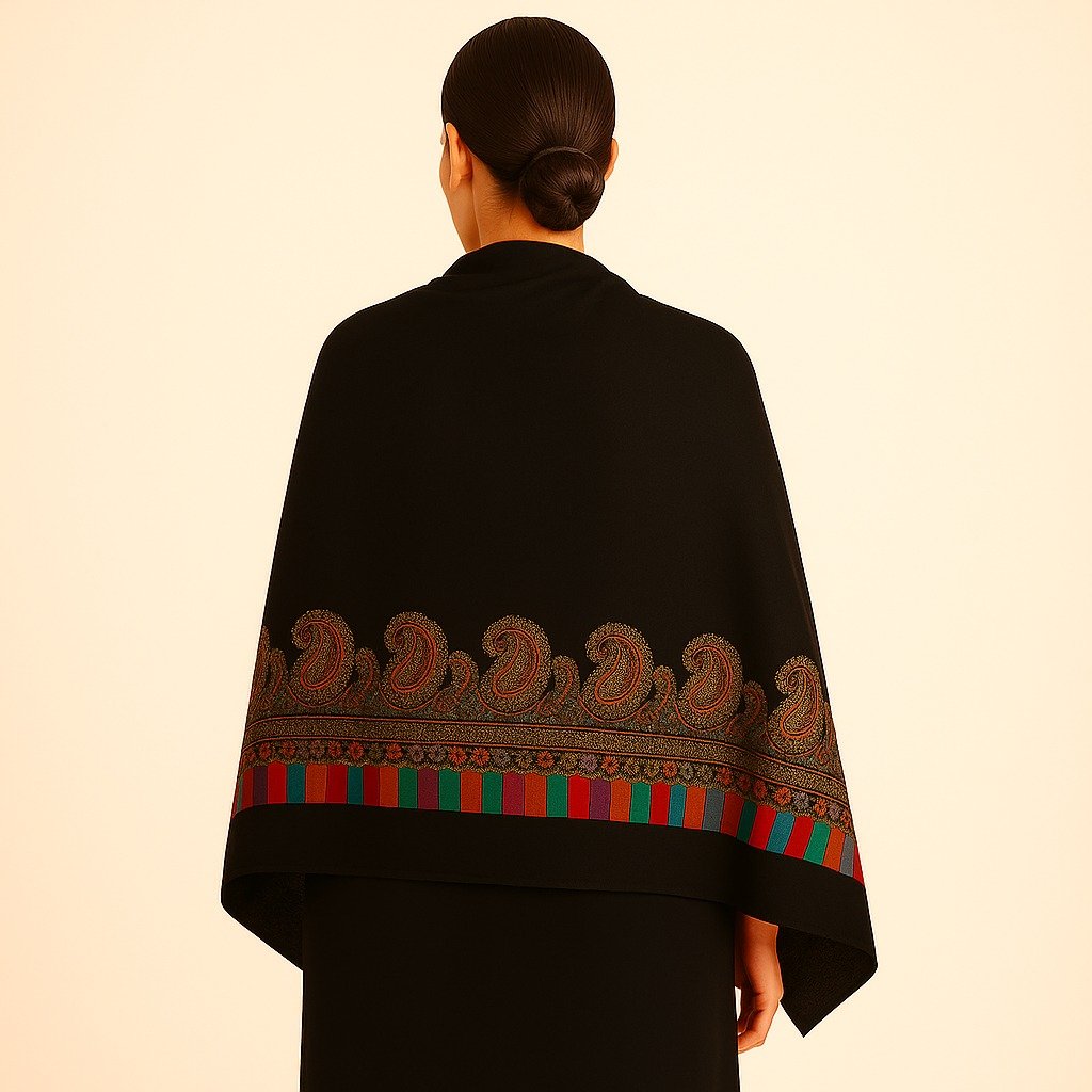 Elegant Black Kani Shawl with Multicolor Paisley Border - Image 2