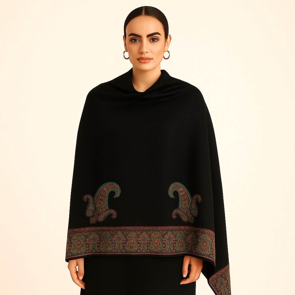 Black Kani Stole with Twin Paisley Motifs & Intricate Border