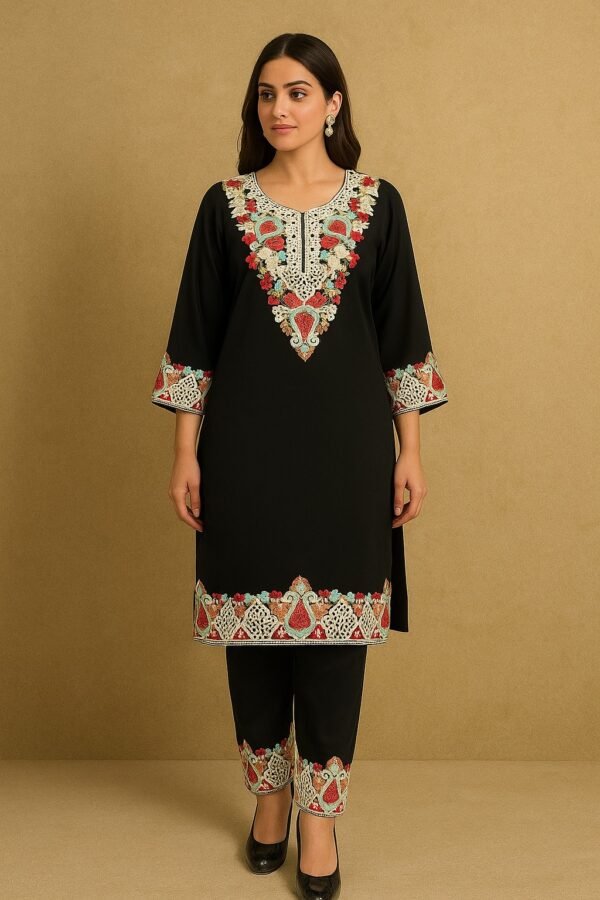 Elegant Black Kurti Set with Intricate Thread Embroidery