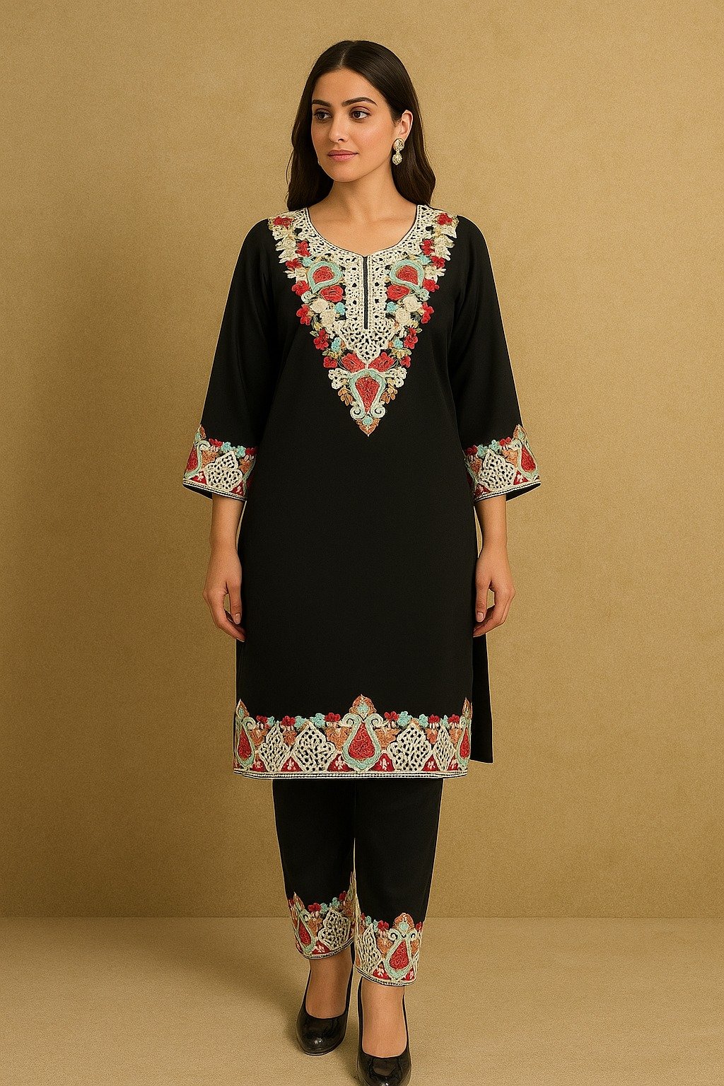 Elegant Black Kurti Set with Intricate Thread Embroidery