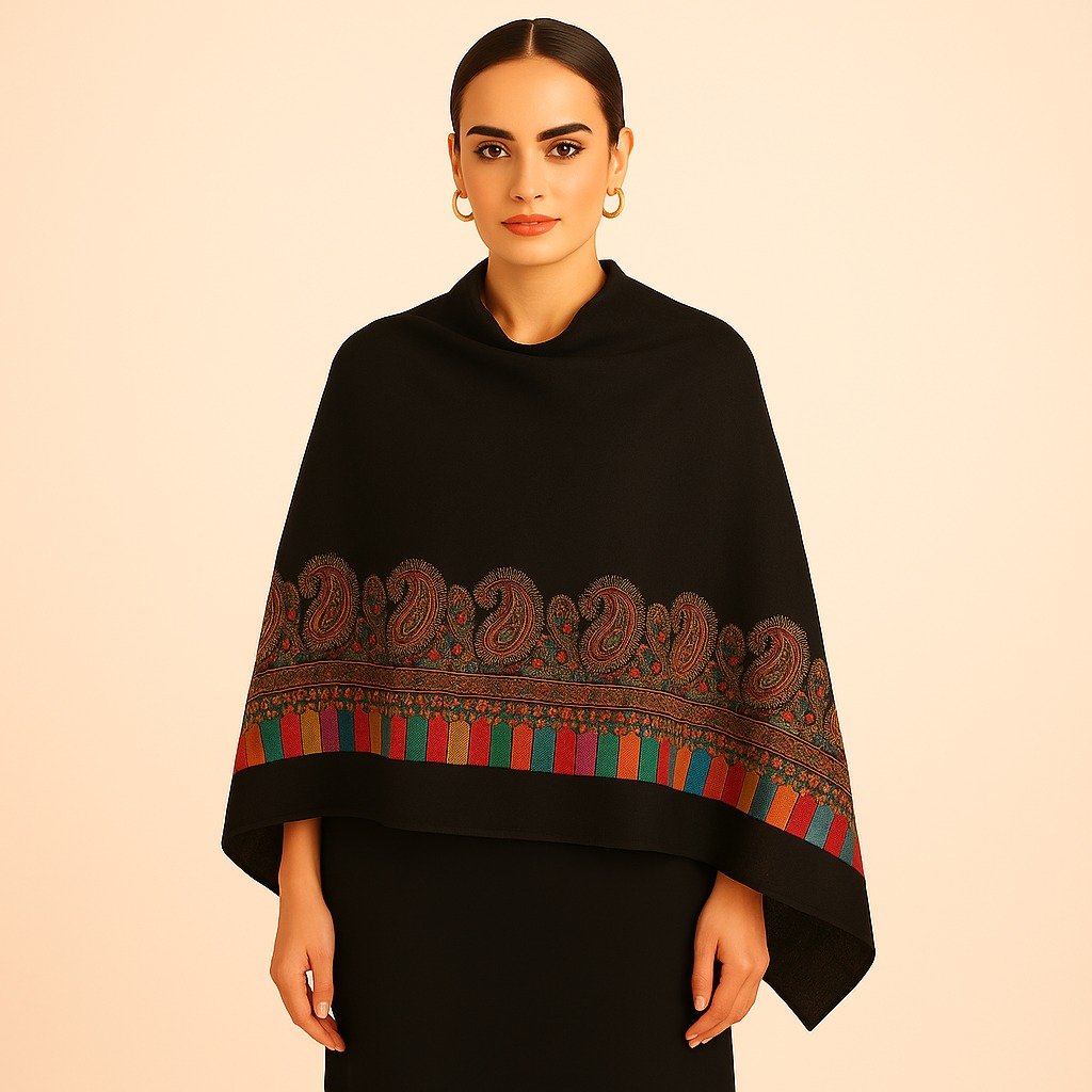 Elegant Black Kani Shawl with Multicolor Paisley Border