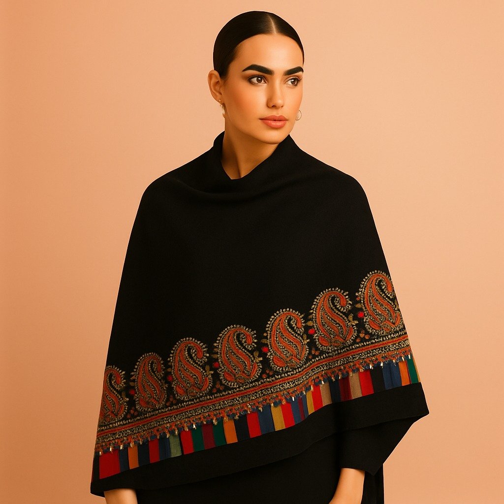 Elegant Black Kani Shawl with Multicolor Paisley Border - Image 4