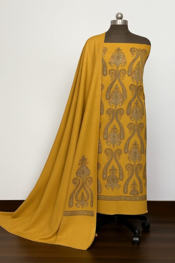 Elegant Fine Quality Kashmiri Suit & Stole – Mustard Yellow Embroidery Set