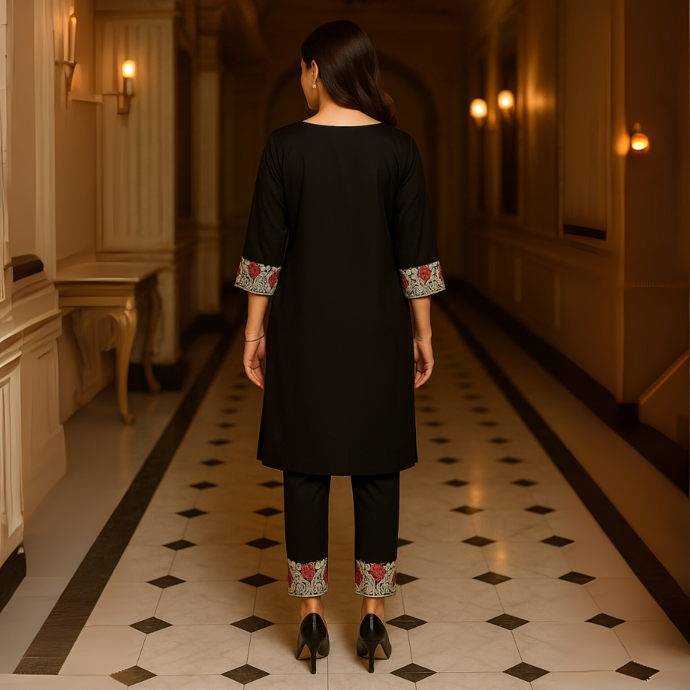 Elegant Black Kurti Set with Intricate Thread Embroidery - Image 2