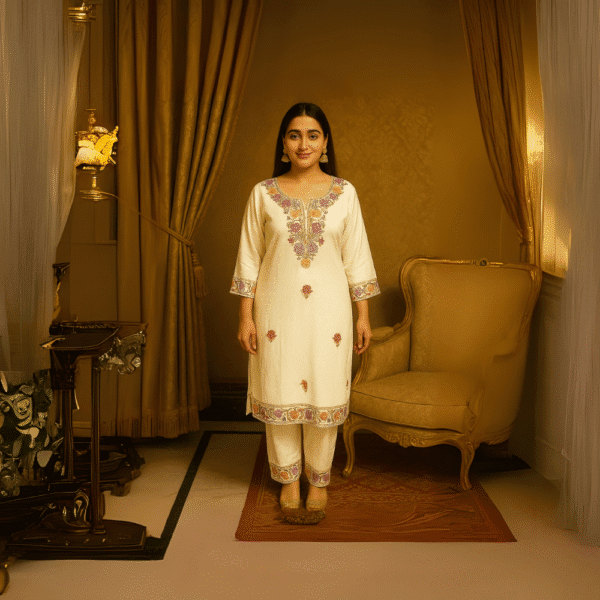 Graceful White Floral Coat Set – Elegant Embroidery Ensemble - Image 4
