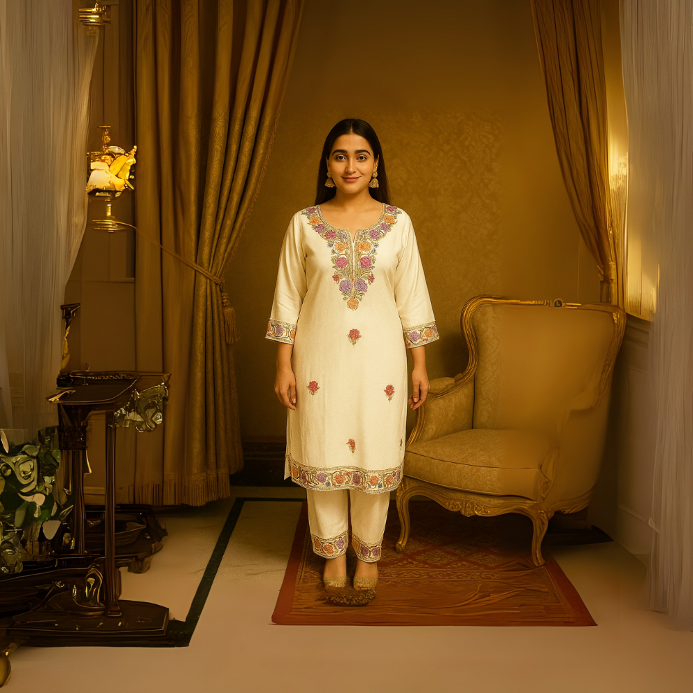 Graceful White Floral Coat Set – Elegant Embroidery Ensemble - Image 4