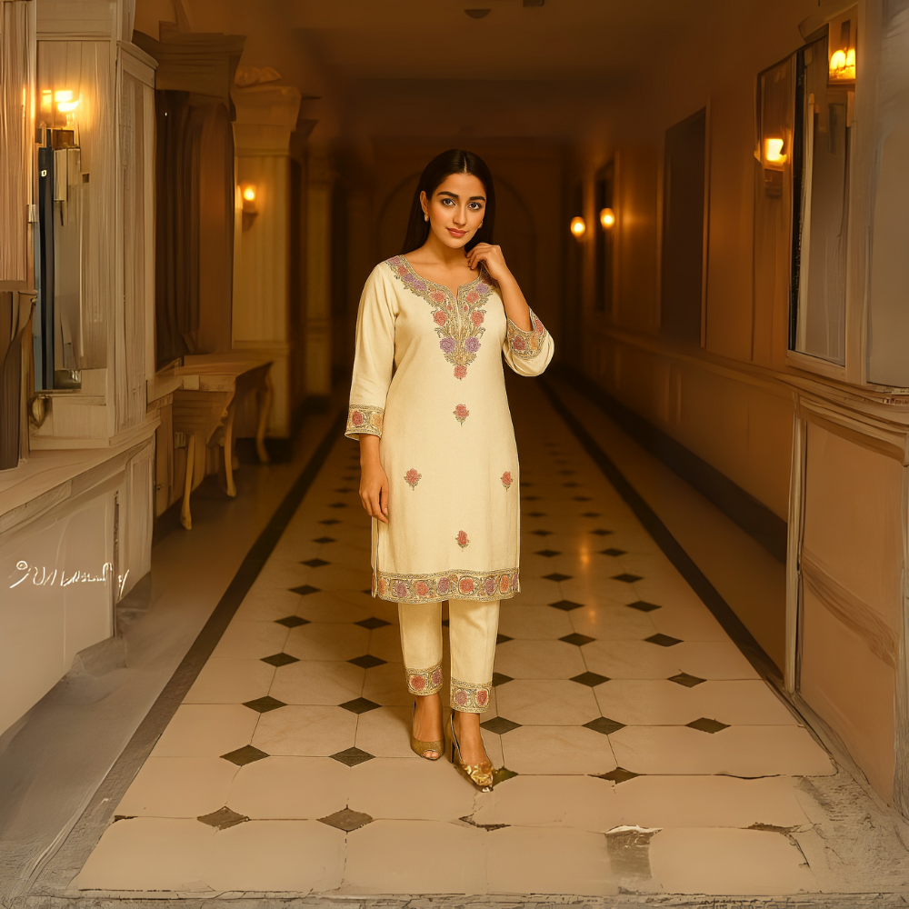 Graceful White Floral Coat Set – Elegant Embroidery Ensemble - Image 3