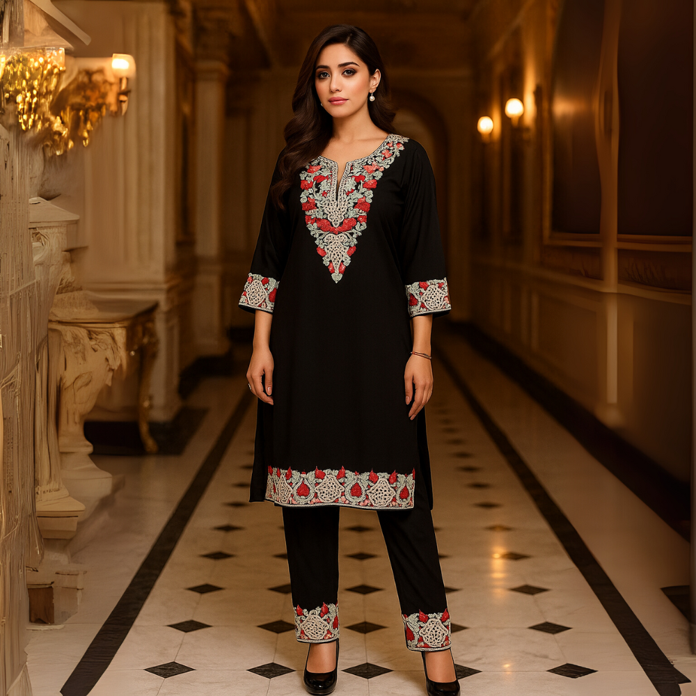 Elegant Black Kurti Set with Intricate Thread Embroidery - Image 3