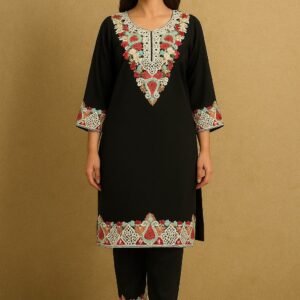 Elegant Black Kurti Set with Intricate Thread Embroidery