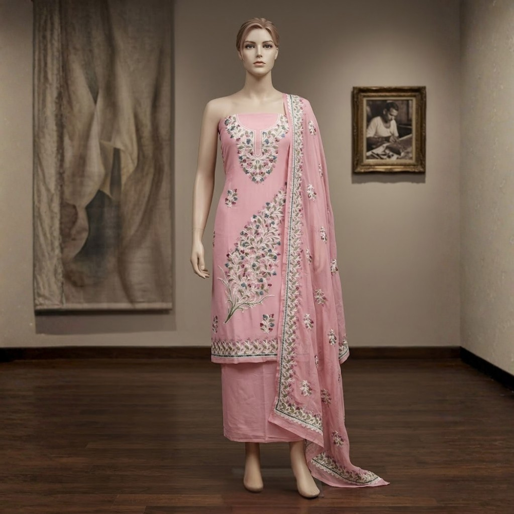 Blush Floral Paisley Unstitched Suit with Embroidered Dupatta - Image 3