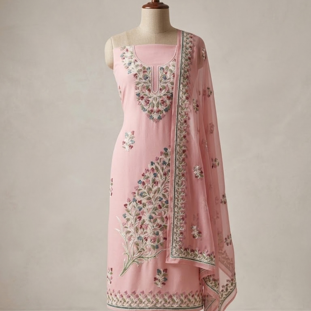 Blush Floral Paisley Unstitched Suit with Embroidered Dupatta - Image 4