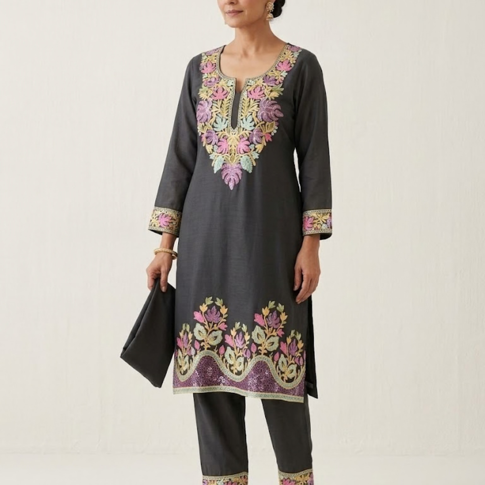 Charcoal Black Kurta Set with Lavender Scalloped Wave Embroidery - Image 3