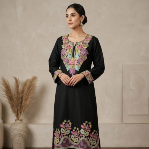 Charcoal Black Kurta Set with Lavender Scalloped Wave Embroidery