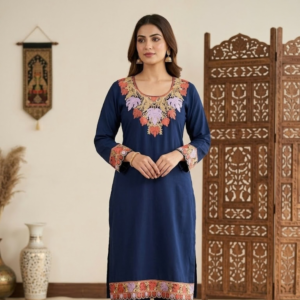 Deep Navy Kurta Set with Rust & Lilac Leaf Embroidery